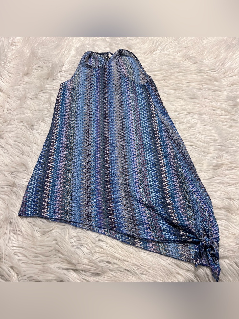 Chevron knitted Blue Multi Striped Crochet-Effect Swim Coverup